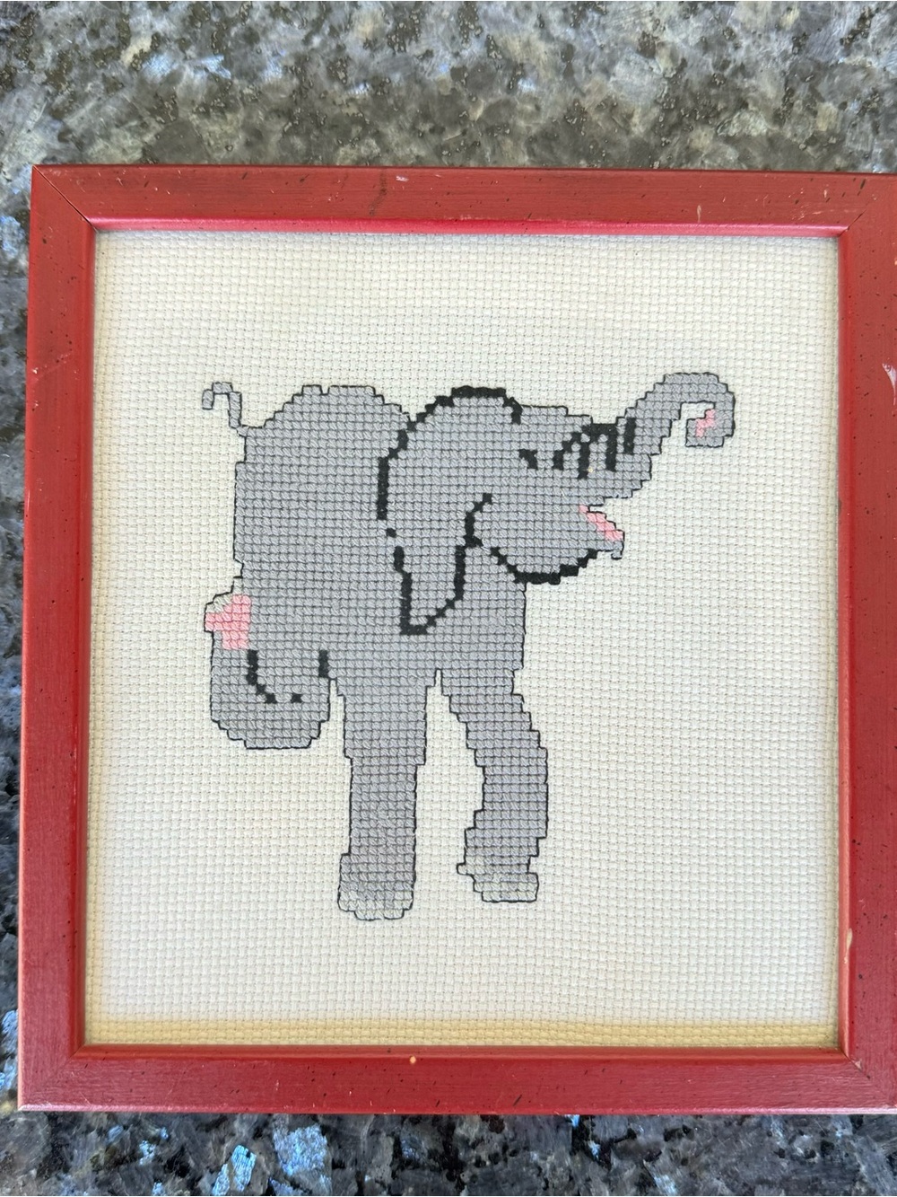 Vintage Cross Stitch Elephant Needlepoint Art, Wooden Frame with Wall Mount